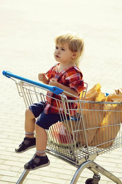 Cute boy in shopping trolley — Stock Photo, Image