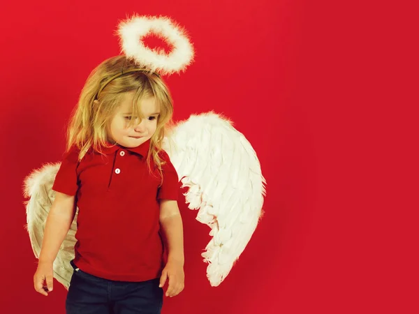 Niño o angelito con alas de plumas, halo — Foto de Stock