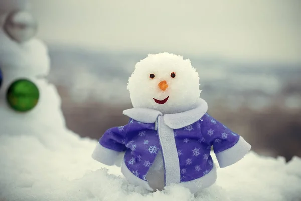 Schneeskulptur im blauen Mantel an einem Wintertag im Freien — Stockfoto
