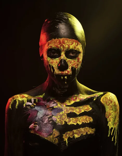 Halloween woman skeleton with flower on chest. — Stock Photo, Image