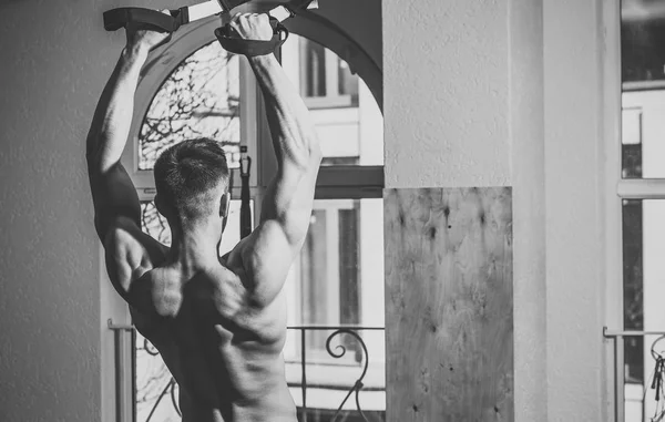 Sportsman, athlète, macho musclé fait de l'exercice avec des boucles trx, fenêtre en arrière-plan. Concept de sport et de gym. Homme avec torse nu, et le dos musclé dans la salle de gym profiter de l'entraînement, trx, vue arrière . — Photo