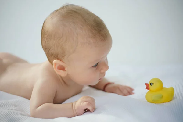 Newborn baby play with toy duck. Newborn baby goods shop. Toy shop with play area. Where it is always fun. Day care for child. Care and supervision of little child