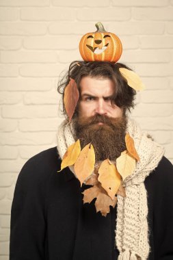 Cadılar Bayramı adam baş tuğla duvar üzerinde kabak holding