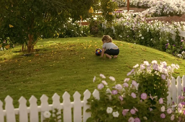 Child play with ball on green grass on idyllic day — Stock Photo, Image