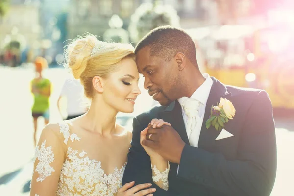 Loving couple of cute bride and african American groom — Stock Photo, Image