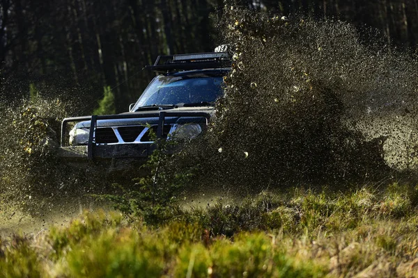 SUV o fuoristrada sul sentiero coperto di erba attraversando pozzanghera con spruzzi di sporco. Estremo, sfida e 4x4 concetto di veicolo. Auto da corsa nella foresta autunnale. Offroad gara su sfondo autunno natura — Foto Stock