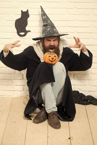 Hipster Halloween con zucca e gatto nero simbolo sul muro — Foto Stock