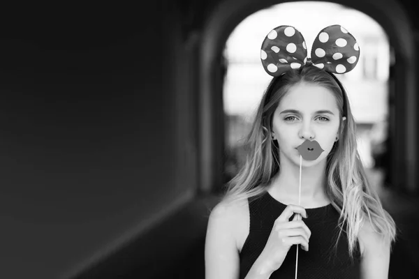 Funny pretty girl with cute mouse ears and red lips — Stock Photo, Image