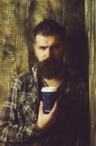 Brutala skäggiga hipster håller plast kaffekopp — Stockfoto