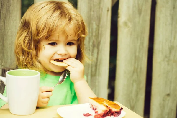 Kleine jongen eten taart in de buurt van houten hek — Stockfoto