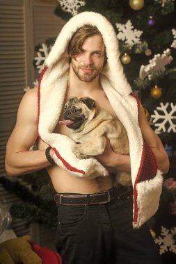 adam kırmızı santa şapka evde beslenen hayvan köpek yavrusu.