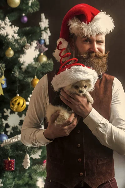 Christmas man with beard on happy face and pet.