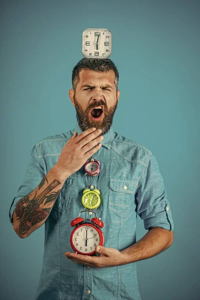 sleepy man yawn with beard hold alarm clock.