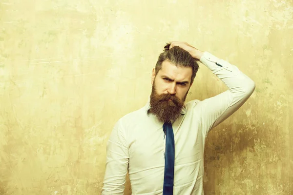 Hipster u hombre barbudo con barba larga en la cara seria — Foto de Stock