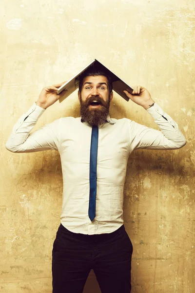 Hipster o barbudo hombre con barba larga celebrar portátil —  Fotos de Stock