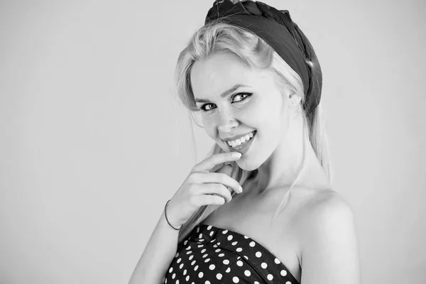 Girl or happy woman with turban and makeup, pinup — Stock Photo, Image