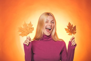 Bir mevsimlik giysiler whith altın varak çekici genç kadın. Sonbahar güneşli günde sonbahar kıyafetlerini giyen kız. Tatlı genç kadın ile oynarken bırakır ve çok sensually görünüyor. Yakın çekim portre.