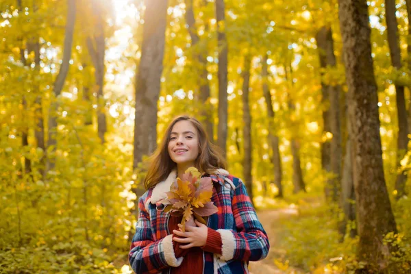 Jesienna kobieta w jesiennym parku z czerwonym pulowerem. Outdoor portret Wspaniała brunetka model dziewczyna ze słonecznym świetle dnia. Kopiuj miejsce na tekst. — Zdjęcie stockowe