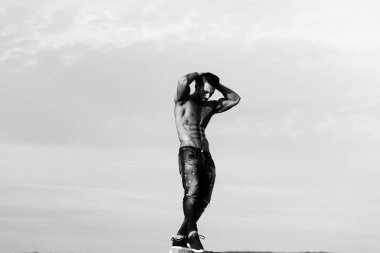 Mavi gökyüzü kas gövde güneşli gün ile kas adam