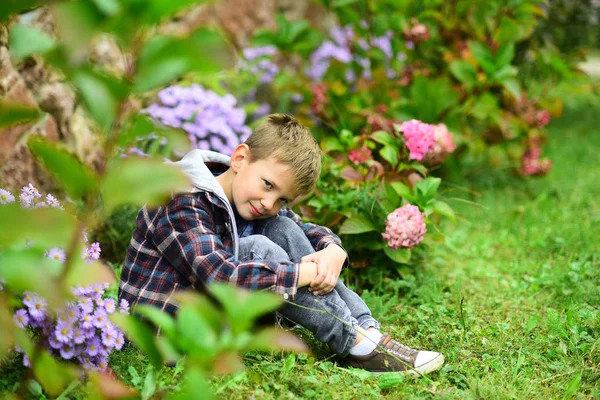 A kertben egy nagy tanár. Kicsi gyerek a kertben lazíthatnak. Kis gyermek élvezze a virágok virágzó kert. Séta egy kertben, tudni, hogy a szépség — Stock Fotó