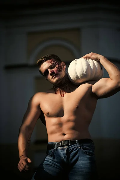 Halloween demon with muscular body and makeup. — Stock Photo, Image