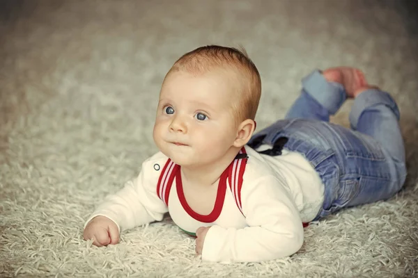 Childhood Infancy Newborn Infant Crawl Floor Carpet Child Development Concept — Stock Photo, Image