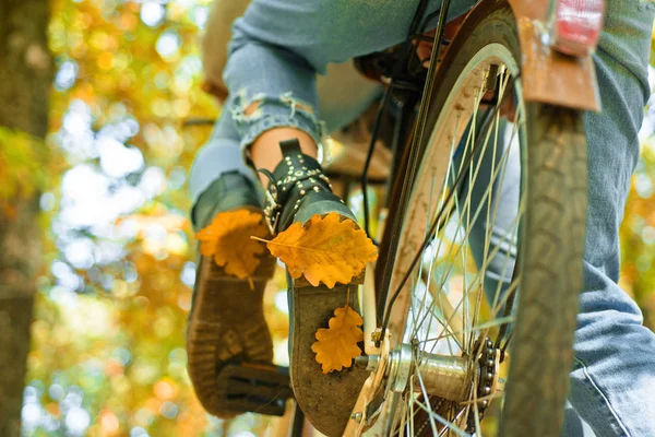 秋天的树叶和风靡的自行车.秋天的概念。在公园里骑自行车.活跃的人。户外。祝您秋天喜庆. — 图库照片