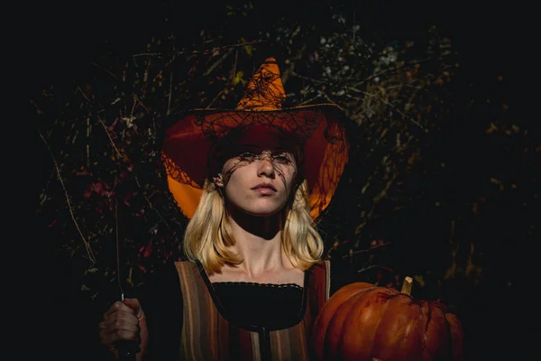 Μάγισσα Απόκριες καπέλο ποζάρουν εξωτερική. Πορτρέτο των νέων γυναικών σε αποκριές κοστούμια πέρα από εξωτερική ξύλινη υπόβαθρο. Έννοια του Halloween. Close-up πορτρέτο της πανέμορφο ευτυχής ξανθιά νεράιδα. — Φωτογραφία Αρχείου