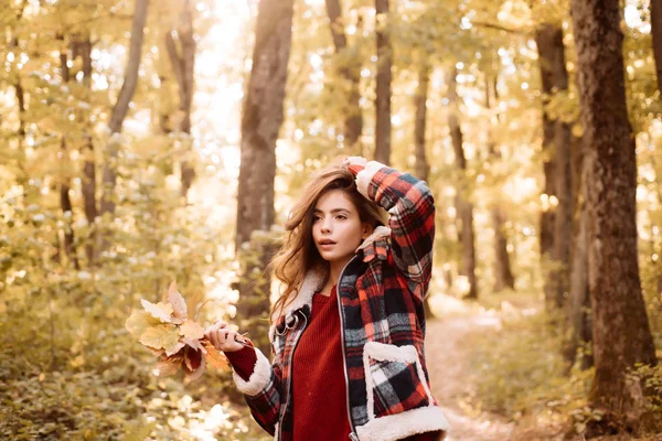 Romantyczna młoda kobieta na naturalne podłoże na zewnątrz. Drzewo jesień liść na tle nieba. Ciesząc się dobrą pogodę. Świeżym powietrzu atmosferycznym mody zdjęcie młoda i piękna dziewczyna w jesień krajobraz. — Zdjęcie stockowe