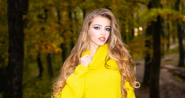 Schattig meisje in goede stemming poseren in herfstdag. Mooie jonge vrouw met heldere rood-gele blad. Herfst buiten portret van mooi meisje lopen in park of bos warme gebreide sjaal. — Stockfoto