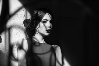 kadın kırmızı elbise ve saç duvar içinde gül