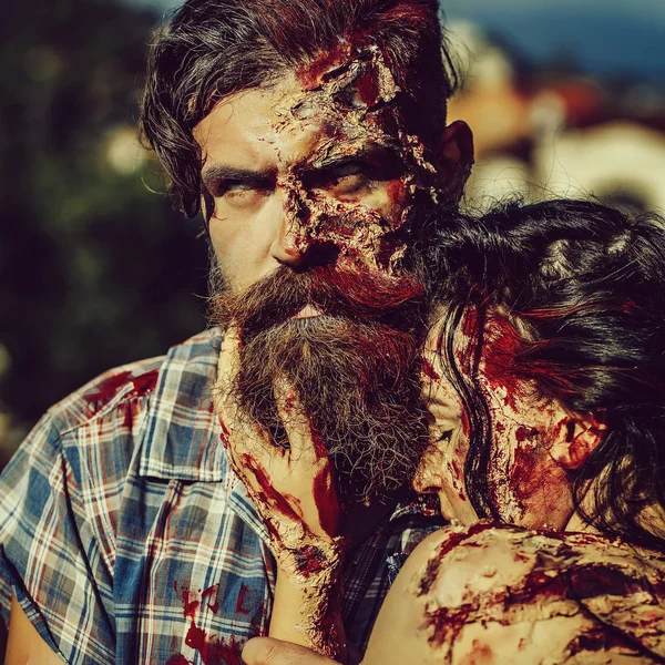 Bearded man zombie and girl — Stock Photo, Image