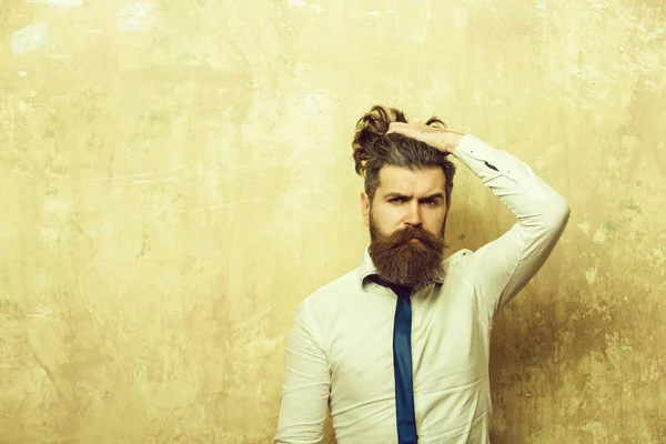 Bearded man or hipster with long beard on serious face — Stock Photo, Image