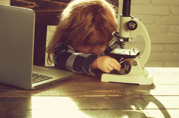 Menino pequeno, criança cientista, garoto de negócios com laptop e microscópio — Fotografia de Stock