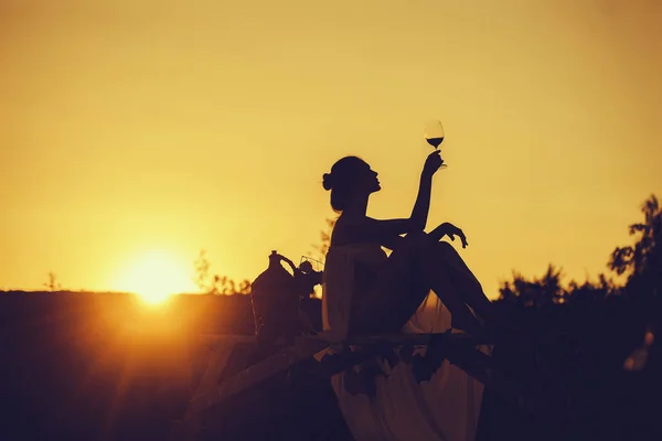 Silhouette of girl with wine — Stock Photo, Image