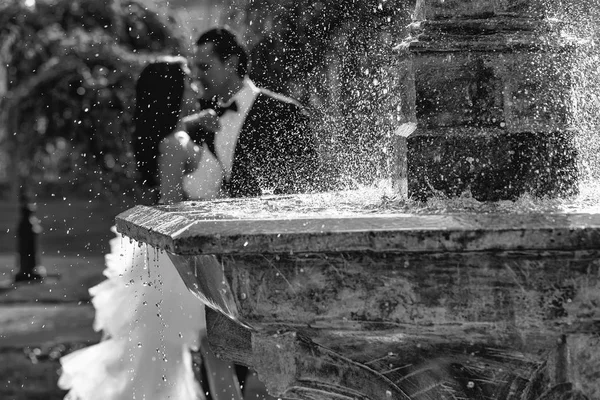 Wedding couple kiss near fountain water — Stock Photo, Image