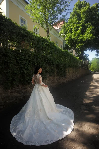 Maravilhoso vestido de noiva. Belos vestidos de noiva em boutique. Feliz noiva antes do casamento. mulher está se preparando para o casamento. Salão de casamento elegante está esperando por noiva. Bem-vindo à família. Compromisso — Fotografia de Stock