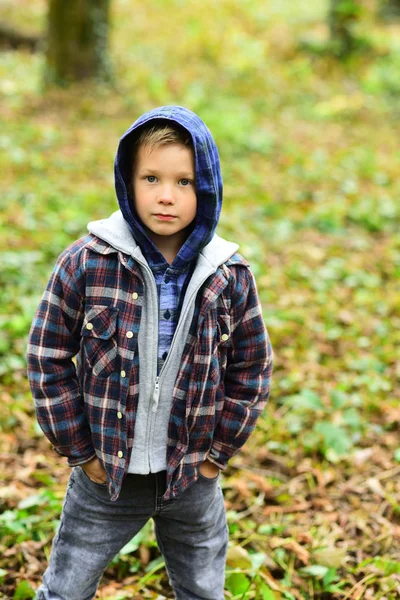 Frühherbst. kleiner Junge im Herbst. Kleines Kind in lässigem Outfit. entzückender Junge in Kapuzenpulli, Herbstmode. Herbst ist meine Lieblingssaison — Stockfoto