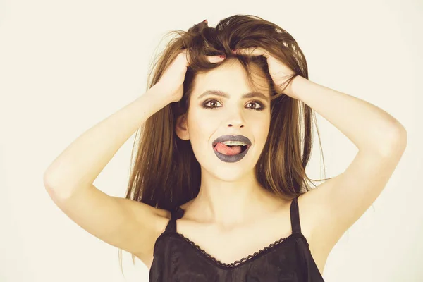 Sexy happy woman with black lips, fashionable makeup, long hair — Stock Photo, Image