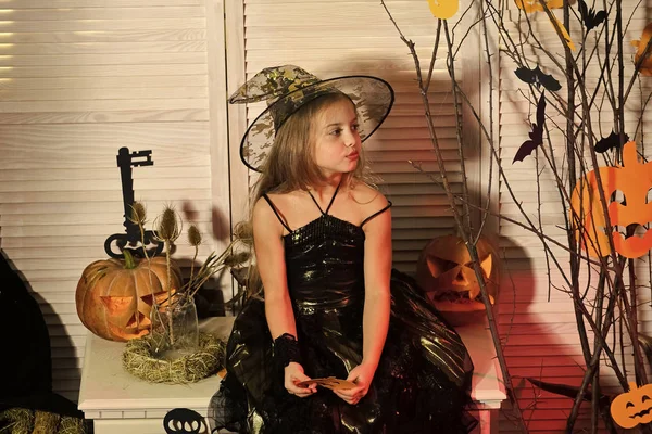 Kleine Hexe Mit Halloween Dekor Halloween Party Und Party Konzept — Stockfoto