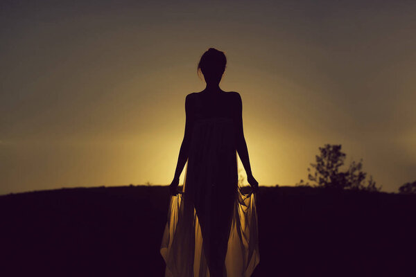 Silhouette of slim girl young woman female model in long transparent dress walks on nature over beautiful sunset