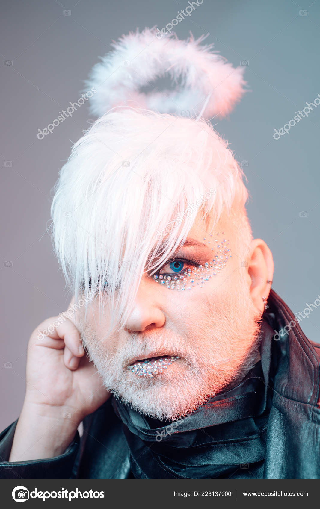 Support transgender rights. Exotic hipster man with fashion hairstyle.  Bearded man with male makeup. Transgender person. Male makeup look. Hipster fashion  style. Letting your personal freak go out Stock Photo by ©