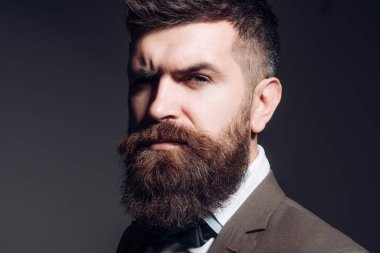 Barber and beauty supply business. Bearded man after barber shop. Man with long beard in business wear. Business as usual. Mens fashion. The fashion business is the opposite to glamorous clipart