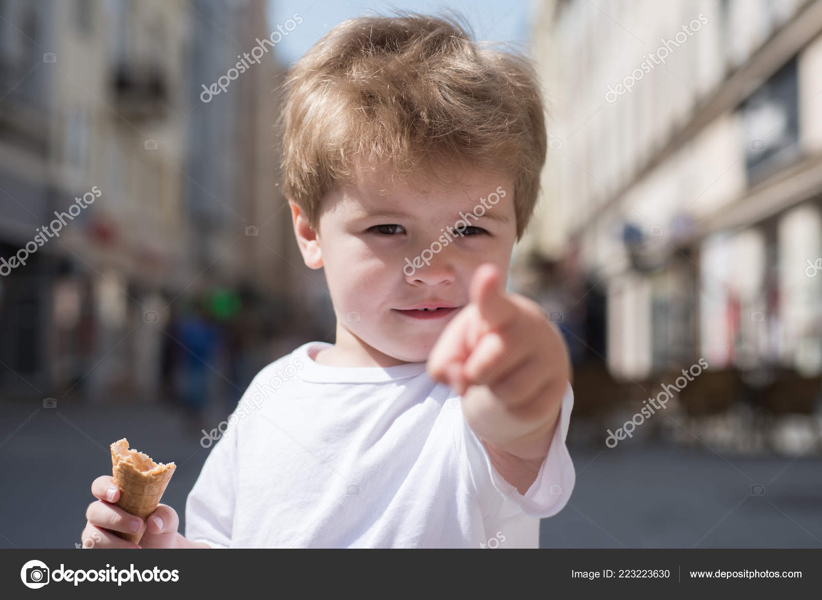 Look Over There Little Child Point Finger On City Street Small
