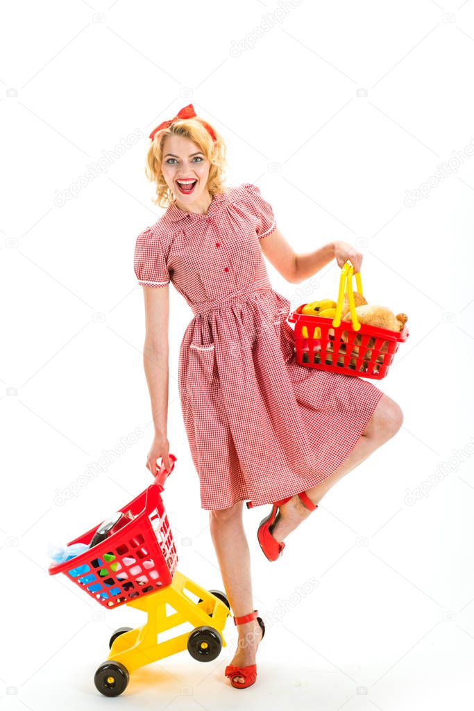 Easy choice. Full shopping. happy retro woman go shopping. I have done it. smiling vintage housewife woman spending good time while shopping. woman in retrto style in market. modern payment method.