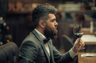 Barda bekleyen hipster tarihi toplantı. Mükemmel şarap. Müşteri alkol kafede oturup. Uzun Sakal içki puro kulübü ile iş adamı. Sakallı adam dinlenme restoranda şarap kadehi ile
