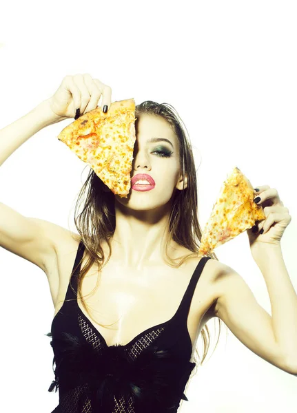Ung flicka med pizza — Stockfoto