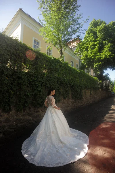 Salão de casamento elegante está esperando por noiva. Feliz noiva antes do casamento. Maravilhoso vestido de noiva. Belos vestidos de noiva em boutique. mulher está se preparando para o casamento. Extremamente feliz. Admiração real — Fotografia de Stock