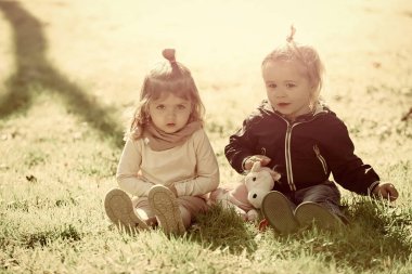 Kız ve erkek kardeş güneşli günde oyuncak at ile oynamak