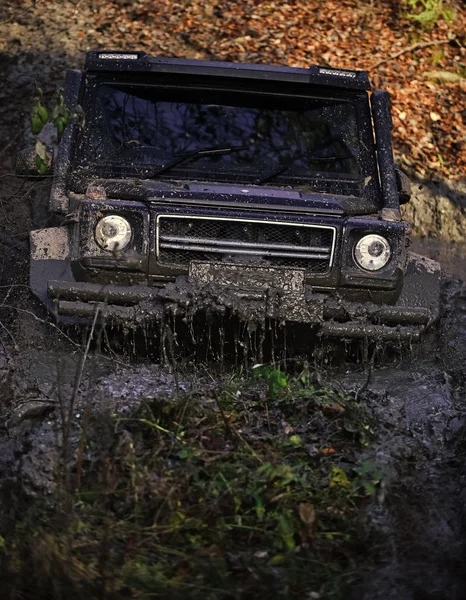 Schwarzer Crossover fährt durch Dreck mit Natur im Hintergrund. — Stockfoto